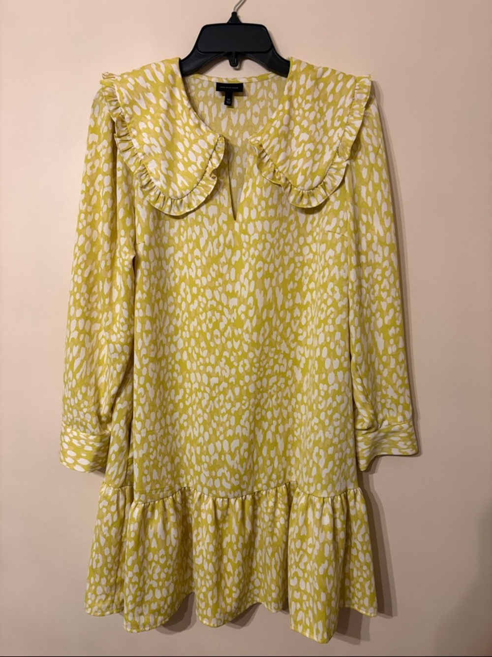 Who What Wear Yellow and White Printed Long-Sleeve Ruffle Dress